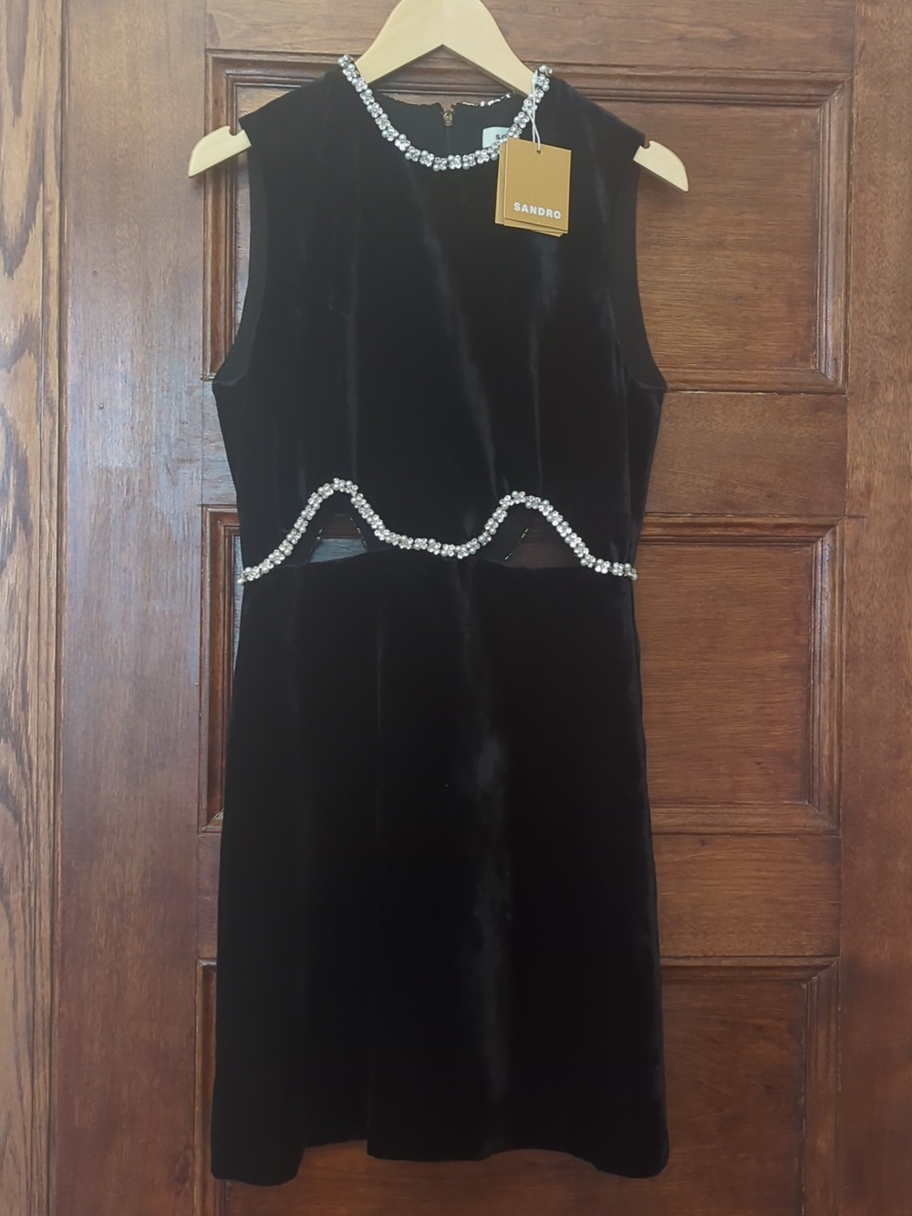 NWT Sandro Black Velvet Scallop Cutout Mini Dress w/ Crystals Size S (36)